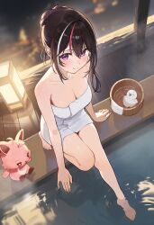 Rule 34 | 1girl, absurdres, arm support, azki (hololive), barefoot, bath, bird, black hair, blush, breasts, bucket, cleavage, closed mouth, commentary request, feet, from above, hair between eyes, hair bun, hatsuno xxx, highres, hololive, lantern, looking at viewer, looking up, medium breasts, multicolored hair, naked towel, ofuro, pink hair, pioneer (azki), purple eyes, ripples, single hair bun, smile, soaking feet, solo, split mouth, steam, streaked hair, toes, towel, twitter username, virtual youtuber, water, white hair, white towel, wooden bucket, wooden floor