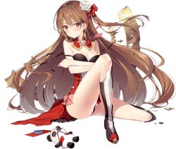 Rule 34 | 1girl, breasts, brown hair, chengdu (oshiro project), cleavage, familiar, flower, full body, hair flower, hair ornament, hair ribbon, long hair, looking at viewer, necomi, official art, oshiro project:re, oshiro project:re, panda, red eyes, ribbon, solo, tearing up, torn clothes, transparent background