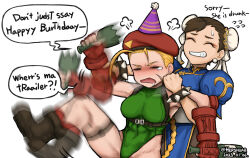 Rule 34 | puff of air, abs, afterimage, beret, blonde hair, blush, boots, bracelet, breasts, broken bottle, brown hair, bun cover, cammy white, capcom, chinese clothes, chun-li, commentary, covered navel, dated, double bun, drooling, drunk, earrings, english commentary, english text, facial scar, fingerless gloves, gloves, green leotard, grin, hair bun, hat, hershuar, highleg, highleg leotard, jewelry, leotard, medium breasts, motion blur, party hat, red gloves, scar, scar on cheek, scar on face, smile, spiked bracelet, spikes, street fighter, street fighter v, sweatdrop, tears, thigh strap, toned, twitter username