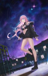 Rule 34 | 1girl, absurdres, alternate hairstyle, bad arm, black footwear, black jacket, blue eyes, breasts, cleavage, dutch angle, gradient sky, highres, house, jacket, jungle gym, l.kili, long hair, nanakusa nazuna (yofukashi no uta), night, night sky, open clothes, open jacket, pink hair, playground, sky, small breasts, solo, standing, standing on one leg, swing set, watch, wristwatch, yofukashi no uta