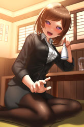 Rule 34 | 1girl, :d, alcohol, black pantyhose, black skirt, black suit, blush, bob cut, feet out of frame, formal, glass, highres, indoors, looking at viewer, medium hair, office lady, open mouth, original, pantyhose, pencil skirt, purple eyes, sake, sitting, skirt, smile, solo, suit, table, thighs, usamaru67pi