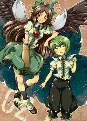 Rule 34 | 2girls, :d, adapted costume, antennae, arai kuma, arm cannon, bad id, bad pixiv id, black hair, black wings, blush, body blush, bow, breasts, cape, cosplay, female focus, floating, frilled skirt, frills, green eyes, green hair, green skirt, hair bow, hip focus, hovering, long hair, medium breasts, multiple girls, open mouth, pants, print skirt, red eyes, reiuji utsuho, reiuji utsuho (cosplay), short hair, skirt, smile, standing, straight hair, thigh gap, third eye, touhou, very long hair, weapon, wings, wriggle nightbug