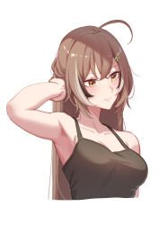 Rule 34 | 1girl, ahoge, alternate costume, arm behind head, armpits, black camisole, breasts, brown eyes, brown hair, camisole, casual, erezu, hair down, hair ornament, hairclip, highres, hololive, hololive english, large breasts, long hair, looking to the side, multicolored hair, nanashi mumei, streaked hair, very long hair, virtual youtuber