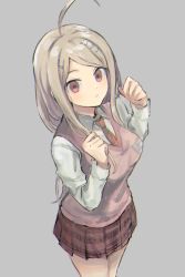 Rule 34 | 1girl, ahoge, akamatsu kaede, beamed eighth notes, blonde hair, breasts, clenched hands, closed mouth, collared shirt, commentary request, cowboy shot, danganronpa (series), danganronpa v3: killing harmony, eighth note, expressionless, fortissimo, from above, grey background, hair ornament, hands up, large breasts, long hair, long sleeves, looking at viewer, miniskirt, musical note, musical note hair ornament, necktie, parted bangs, pink eyes, pink sweater vest, pleated skirt, print skirt, school uniform, shirt, simple background, skirt, smile, solo, sweater vest, usirome, white shirt