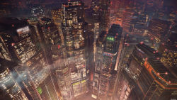 Rule 34 | 3d, absurdres, building, city, city lights, cityscape, commentary request, cyberpunk, fujitarian, highres, lights, night, no humans, original, rooftop, scenery, science fiction, sign, skyscraper, smoke, tokyo (city), window