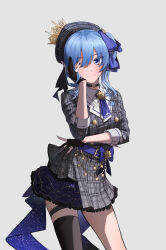 Rule 34 | 1girl, absurdres, arm rest, ascot, belt, beret, black gloves, blue ascot, blue belt, blue choker, blue eyes, blue hair, blush, choker, cookook, crown, dress, gloves, grey hat, hair between eyes, hand on own face, hat, highres, hololive, hoshimachi suisei, hoshimachi suisei (1st costume), jacket, looking at viewer, mini crown, partially fingerless gloves, plaid, plaid dress, plaid headwear, plaid jacket, ribbon, side ponytail, smile, solo, star (symbol), star choker, star in eye, symbol in eye, thighlet, thighs, virtual youtuber