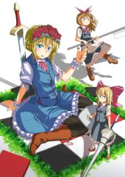 Rule 34 | 1girl, :o, alice margatroid, bad id, bad pixiv id, black pantyhose, blonde hair, blue eyes, boots, checkered floor, cross-laced footwear, doll, female focus, floor, flower, hair flower, hair ornament, hairband, highres, holding, hourai doll, jewelry, kitsune no denpachi, kitsuneno denpachi, lace-up boots, lance, looking at viewer, maid headdress, mary janes, mole, pantyhose, polearm, ring, shanghai doll, shield, shoes, sitting, skirt, solo, spear, standing, sword, thighhighs, touhou, wariza, weapon, white pantyhose, wrist cuffs