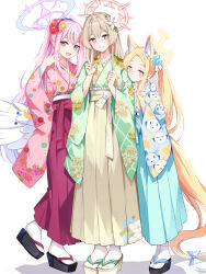 Rule 34 | 3girls, :d, alternate costume, animal ear fluff, animal ears, blonde hair, blue archive, blue flower, blue hakama, blue kimono, blue rose, bow, brown eyes, brown hair, brown hakama, closed mouth, commentary request, crescent, feathered wings, floral print, flower, green kimono, hair flower, hair ornament, hakama, halo, hand up, hands up, highres, japanese clothes, kimono, konka, long hair, long sleeves, low wings, mika (blue archive), multiple girls, nagisa (blue archive), open mouth, pink hair, pink kimono, print kimono, purple hakama, red flower, rose, seia (blue archive), shadow, simple background, smile, tail, tail bow, tail ornament, v, very long hair, white background, white bow, white wings, wide sleeves, wings, yellow flower