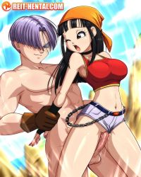 Rule 34 | 1boy, 1girl, aged up, bandana, black eyes, black hair, breasts, clothed sex, clothing aside, denim, denim shorts, dragon ball, dragon ball gt, highres, large breasts, long hair, looking back, medium breasts, nude, one eye closed, open mouth, pan (dragon ball), penis, pussy juice, reit, sex, sex from behind, short shorts, shorts, shorts aside, trunks (dragon ball), vaginal