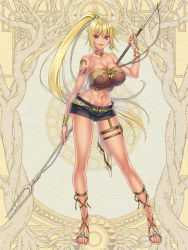 Rule 34 | 1girl, bident, black shorts, blonde hair, character request, dairoku ryouhei, gladiator sandals, hair between eyes, long hair, looking at viewer, navel, official art, open mouth, polearm, pond, red eyes, roka 01u1, sandals, short shorts, shorts, smile, solo, thigh strap, v-shaped eyebrows, weapon, weapon request