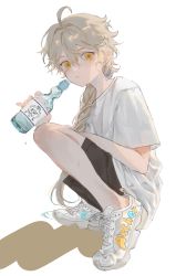 Rule 34 | 1boy, absurdres, aether (genshin impact), ahoge, alternate costume, black shorts, blonde hair, bottle, braid, character name, clothes writing, genshin impact, hair between eyes, highres, holding, holding bottle, long hair, male focus, paimon (genshin impact), pcrxle, shirt, shoes, short sleeves, shorts, signature, simple background, single braid, sneakers, solo, squatting, sweat, white background, white footwear, white shirt, yellow eyes