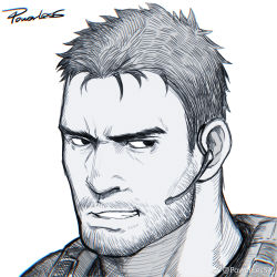 Rule 34 | 1boy, bara, beard, chris redfield, clenched teeth, close-up, facial hair, frown, greyscale, highres, male focus, mature male, monochrome, muscular, muscular male, mustache, original, portrait, powerlesssong, resident evil, short hair, sideburns, solo, stubble, teeth, thick eyebrows, upper body, weibo logo, weibo watermark