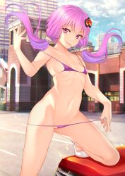 Rule 34 | 1girl, absurdres, bare arms, bare legs, bare shoulders, bikini, breasts, building, city, cloud, collarbone, commentary request, covered erect nipples, cowboy shot, day, hair ornament, hand up, highres, long hair, looking at viewer, low twintails, micro bikini, mikoma sanagi, mouth hold, navel, outdoors, purple bikini, purple eyes, purple hair, road, shoes, short hair with long locks, small breasts, smile, solo, standing, stomach, strap pull, swimsuit, thighs, twintails, untied bikini, voiceroid, white footwear, yuzuki yukari