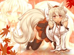 Rule 34 | 1girl, all fours, animal collar, animal ears, bare shoulders, black thighhighs, blush, breasts, collar, female focus, hanging breasts, inubashiri momiji, kuromiya, large breasts, leash, looking at viewer, mouth hold, red eyes, silver hair, solo, tail, thighhighs, touhou, wolf ears, wolf tail, zettai ryouiki, zoom layer