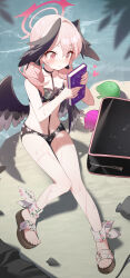 Rule 34 | 1girl, absurdres, beach, bikini, black bikini, black bow, black wings, blue archive, blush, book, bow, breasts, closed mouth, collarbone, commentary, eucha, feet, floral print, hair bow, halo, head wings, heart, highres, holding, holding book, knees together feet apart, koharu (blue archive), koharu (swimsuit) (blue archive), legs, medium hair, ocean, official alternate costume, pink eyes, pink hair, pink halo, print bikini, revision, sand, sandals, sitting, small breasts, smile, solo, swimsuit, tears, toenails, toes, twintails, wet, wings