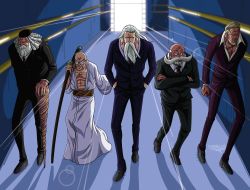 Rule 34 | 5boys, beard, blonde hair, crossed arms, facial hair, formal, gorousei, hat, highres, katana, long beard, looking at viewer, looking away, multiple boys, muscular, muscular male, mustache, necktie, old, old man, one piece, resized, scar, stain, sword, third-party edit, weapon, white beard