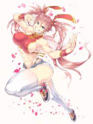 Rule 34 | 1girl, abs, biceps, breasts, bridal gauntlets, cherry blossoms, chinese clothes, curvy, covered erect nipples, fighting stance, gloves, green eyes, grin, highres, large breasts, midriff, muscular, muscular female, navel, original, ouka (oukakaka), red hair, running, sharp teeth, shoes, short shorts, shorts, sideboob, smile, sneakers, solo, teeth, thighhighs, thong, toned, twintails