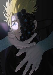Rule 34 | 2boys, black background, black flower, black jacket, black shirt, blonde hair, blue eyes, earrings, flower, hand on another&#039;s chest, hand on another&#039;s chin, highres, jacket, jewelry, looking at viewer, male focus, millions knives, mix (wkupmix), multiple boys, one eye covered, out of frame, parted lips, shirt, short hair, single earring, spiked hair, trigun, trigun stampede, upper body, vash the stampede