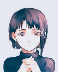 Rule 34 | 1girl, asymmetrical bangs, asymmetrical hair, brown eyes, brown hair, ei (13805181), expressionless, grey background, iwakura lain, looking at viewer, own hands together, serial experiments lain, short hair, solo, upper body