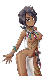 Rule 34 | 1girl, bad id, bad pixiv id, black hair, blouse, blush, bracelet, breastless clothes, breasts, cleft of venus, closed mouth, collarbone, creatures (company), crop top, crystal, dark-skinned female, dark skin, earrings, female focus, game freak, green eyes, happy, island kahuna, jewelry, large breasts, loincloth, looking at viewer, navel, necklace, nintendo, nipples, olivia (pokemon), pokemon, pokemon sm, pussy, revealing clothes, see-through, shiny skin, shirt, short hair, shougun (chuckni1), simple background, sleeveless, sleeveless shirt, smile, solo, standing, stomach, swept bangs, thigh strap, thighlet, uncensored, white background, white shirt