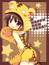 Rule 34 | 10s, 2010, absurdres, animal costume, animal ears, animal hands, animal print, blush, blush stickers, brown eyes, brown hair, costume, english text, fang, highres, kimoko, looking back, new year, original, shadow, solo, star (symbol), tail, tiger costume, tiger ears, tiger print, tiger tail