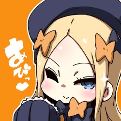 Rule 34 | 1girl, ;), abigail williams (fate), black bow, black dress, black hat, blonde hair, blue eyes, blush, bow, dress, fate/grand order, fate (series), hands in opposite sleeves, hat, kaname nagi, long sleeves, looking at viewer, lowres, one eye closed, orange background, orange bow, parted bangs, simple background, smile, solo, sparkle, translated, v-shaped eyebrows
