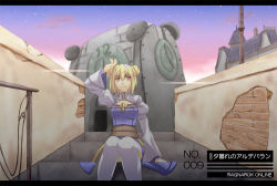 Rule 34 | 1girl, arch bishop (ragnarok online), blonde hair, blue dress, brick wall, choukichi, city, cleavage cutout, clock, clock tower, clothing cutout, cloud, commentary request, copyright name, crack, cracked wall, double bun, dress, dusk, feet out of frame, hair between eyes, hair bun, in-universe location, juliet sleeves, letterboxed, long sleeves, looking to the side, open mouth, puffy sleeves, ragnarok online, shading eyes, short hair, sitting, sitting on stairs, sky, smile, solo, stairs, star (sky), starry sky, thighhighs, tower, translated, two-tone dress, white dress, white thighhighs, wide sleeves