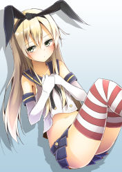 Rule 34 | 10s, 1girl, blonde hair, blush, collarbone, elbow gloves, gloves, green eyes, hairband, highres, kantai collection, long hair, mizushina minato, navel, personification, shimakaze (kancolle), sitting, skirt, sleeveless, solo, striped clothes, striped thighhighs, thighhighs