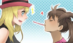 Rule 34 | blonde hair, brown hair, closed eyes, creatures (company), dark skin, food, game freak, hat, heart, nintendo, pocky, pocky kiss, pokemon, quad tails, serena (pokemon), shared food, shauna (pokemon), shirt, size difference, surprised, yuri