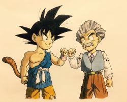Rule 34 | 2boys, arm at side, beige background, belt, black eyes, black hair, clenched hand, dougi, dragon ball, dragon ball gt, facial hair, fingernails, fist bump, frown, grey hair, highres, kuririn, lee (dragon garou), long sleeves, looking at another, male focus, martial arts belt, multiple boys, mustache, necktie, aged up, pants, shaded face, shirt, short hair, simple background, smile, son goku, spiked hair, standing, tail, torn clothes, upper body, vest, white shirt