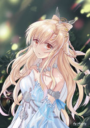 Rule 34 | 1girl, armlet, artist name, azgby, blonde hair, blue sleeves, blurry, blurry background, collarbone, detached sleeves, dress, floating hair, jewelry, jian xia qing yuan (series), jianxia qingyuan (series), jianxia qingyuan online 3, long hair, long sleeves, looking at viewer, necklace, outdoors, red eyes, sleeveless, sleeveless dress, solo, standing, strapless, strapless dress, very long hair, white dress