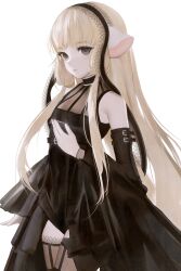 Rule 34 | 1girl, absurdres, black dress, black eyes, black hairband, black thighhighs, breasts, chobits, detached sleeves, dress, expressionless, freya (chobits), frilled thighhighs, frills, hairband, head tilt, highres, lolita hairband, long hair, looking at viewer, nagamerin, open hand, robot ears, sleeveless, sleeveless dress, sleeves past wrists, small breasts, solo, thighhighs, very long hair, white background