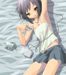 Rule 34 | 00s, 1girl, album cover, armpits, arms up, bed sheet, blue skirt, breasts, brown hair, camisole, casual, cd case, cd player, cleavage, collarbone, cover, discman, earphones, expressionless, nagato yuki, nilitsu, on bed, parted lips, photo (medium), purple hair, short hair, skirt, small breasts, solo, suzumiya haruhi no yuuutsu, tank top