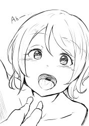 Rule 34 | 10s, 1boy, 1girl, absurdres, blush, clip (368806sd), drooling, giant, giantess, helpless, highres, imminent vore, looking at viewer, love live!, love live! sunshine!!, mini person, miniboy, monochrome, open mouth, pov, saliva, short hair, simple background, smile, soft vore, tongue, upper body, uvula, vore, watanabe you, white background