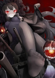 Rule 34 | 10s, 1girl, absurdres, abyssal ship, bad id, bad pixiv id, black bow, black dress, black footwear, black hair, black pantyhose, bonnet, bow, breasts, crossed legs, detached sleeves, dress, feet, foot focus, glowing, glowing eyes, gothic lolita, highres, isolated island oni, kantai collection, lolita fashion, long hair, looking at viewer, medium breasts, pale skin, pantyhose, red eyes, sasami (hallo), shoes, unworn shoes, smile, solo, toes