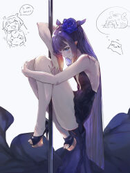 Rule 34 | 1girl, black dress, black hair, blue eyes, blunt bangs, blush, breasts, cleavage, closed mouth, dress, feet, flower, gradient hair, high heels, highres, hololive, hololive english, legs, long hair, looking at viewer, multicolored hair, ninomae ina&#039;nis, open mouth, orange hair, pointy ears, pole dancing, rose, simple background, small breasts, smile, takodachi (ninomae ina&#039;nis), tallgeese (lgeesel), tentacle hair, thighs, virtual youtuber, white background