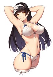 Rule 34 | 1girl, armpits, arms behind head, arms up, bikini, black hair, blunt bangs, breasts, cleavage, closed mouth, covered erect nipples, cowboy shot, cropped legs, flower, front-tie bikini top, front-tie top, girls&#039; frontline, gloves, hair flower, hair ornament, hairband, hime cut, large breasts, long hair, looking at viewer, navel, official alternate costume, side-tie bikini bottom, simple background, smile, solo, swimsuit, thighhighs, type 95 (girls&#039; frontline), type 95 (summer cicada) (girls&#039; frontline), white background, white bikini, white gloves, white thighhighs, yan wan, yellow eyes