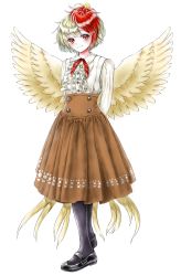 Rule 34 | 1girl, adapted costume, animal, animal on head, arms behind back, bad id, bad pixiv id, bird, bird on head, bird tail, bird wings, black footwear, black pantyhose, blonde hair, blush, brown skirt, chick, commentary request, feathered wings, frilled shirt, frills, full body, head tilt, highres, kotenbako (dot hako), long sleeves, looking at viewer, meme attire, multicolored hair, niwatari kutaka, on head, pantyhose, red eyes, red hair, red neckwear, red ribbon, ribbon, shirt, short hair, simple background, skirt, smile, solo, standing, tail, touhou, two-tone hair, virgin killer outfit, white background, white shirt, wings
