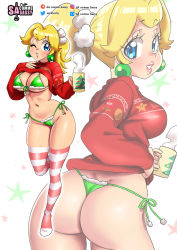 Rule 34 | 1girl, absurdres, ass, bikini, bikini under clothes, blonde hair, blue eyes, breasts, cameltoe, christmas, cleft of venus, clothes lift, coffee mug, cowboy shot, cup, earrings, from behind, full body, green bikini, highres, jewelry, large breasts, legs, lips, long sleeves, looking at viewer, looking back, mario (series), medium hair, mug, multiple views, nail polish, navel, nintendo, one eye closed, open mouth, pom pom (clothes), ponytail, princess peach, red nails, red sweater, red thighhighs, sasa tseng, side-tie bikini bottom, skindentation, smile, solo, standing, standing on one leg, star (symbol), striped clothes, striped thighhighs, super mario bros. 1, sweater, sweater lift, swimsuit, thighhighs, white background, white thighhighs, wink