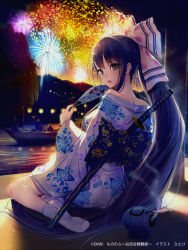 Rule 34 | 1girl, arm support, bare shoulders, black hair, blue kimono, blush, copyright name, fireworks, from behind, full body, green eyes, hair between eyes, hair ribbon, hand fan, highres, holding, holding fan, japanese clothes, kimono, london inu, long hair, looking at viewer, looking back, mononofu ~shirayuri senbuhime~, mosquito coil, night, no shoes, off shoulder, official art, open mouth, outdoors, ponytail, ribbon, shadow, sidelocks, sitting, socks, soles, solo focus, sword, two-tone kimono, very long hair, watermark, weapon, white kimono, white legwear, yukata