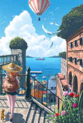 Rule 34 | 1girl, aircraft, backpack, bag, balloon, bird, building, cat, cityscape, cloud, day, doora (dora0913), flower, from behind, green shorts, hat, highres, hot air balloon, island, ocean, orange hair, outdoors, pink rose, pixiv fantasia, pixiv fantasia new world, railing, red rose, revision, rose, scenery, short sleeves, shorts, silhouette, skirt, sky, solo focus, straw hat, upper body, water, wind