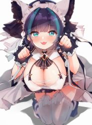 Rule 34 | 1girl, aqua eyes, aqua nails, azur lane, black dress, blunt bangs, blush, breasts, cheshire (azur lane), cleavage, detached collar, dress, eyelashes, fang, foreshortening, garter straps, hands up, hanging breasts, hato haru, highres, kneeling, large breasts, looking at viewer, maid headdress, multicolored hair, nail polish, open mouth, paw pose, raised eyebrows, short hair, simple background, skin fang, smile, solo, streaked hair, thighhighs, thighs, white background, white thighhighs, wrist cuffs