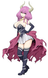 Rule 34 | 1girl, alternate breast size, aura (sousou no frieren), black gloves, breasts, cleavage, demon girl, demon horns, elbow gloves, full body, gloves, highres, horns, large breasts, looking at viewer, pink hair, simple background, skirt, sky-freedom, smile, solo, sousou no frieren, thighhighs, thighs, white background, white skirt, zettai ryouiki