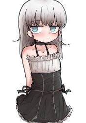Rule 34 | 1girl, absurdres, arms behind back, bare shoulders, black choker, black dress, blue eyes, blush, choker, closed mouth, commentary request, cowboy shot, dress, frilled dress, frills, grey hair, halter dress, halterneck, highres, jitome, ka (3s4k4), long hair, looking at viewer, no pupils, simple background, sleeveless, sleeveless dress, solo, spectral wizard (series), spectral wizard (spectral wizard), standing, white background