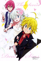 Rule 34 | 10s, 1girl, 2boys, absurdres, ahoge, blonde hair, blue eyes, blush, bracelet, breasts, cleavage, dress, elizabeth liones, flower, glasses, gowther, green eyes, hair over one eye, holding hands, happy, highres, jewelry, long hair, meliodas, multiple boys, nail polish, nanatsu no taizai, necklace, necktie, official art, open mouth, pink hair, short hair, smile, white dress, yellow eyes