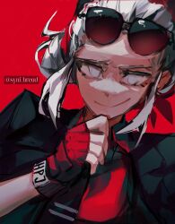 Rule 34 | 1girl, artist name, black jacket, black necktie, closed mouth, collared shirt, eyewear on head, fingerless gloves, gloves, grey eyes, grey hair, hairband, hand on own chin, hand up, helltaker, highres, jacket, justice (helltaker), necktie, portrait, red background, red gloves, red hairband, red shirt, shirt, short hair, simple background, smile, solo, sunglasses, synibread