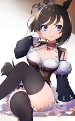 Rule 34 | 1girl, absurdres, animal ears, black dress, black hair, black thighhighs, blue eyes, bob cut, breasts, brown choker, choker, cleavage, closed eyes, closed mouth, clothing cutout, commentary, crossed legs, dress, ear ornament, eishin flash (umamusume), frilled dress, frills, hand in own hair, highres, horse ears, horse girl, horse tail, leaning to the side, long sleeves, looking at viewer, medium breasts, short dress, short hair, shoulder cutout, sitting, smile, solo, tail, thighhighs, umamusume, zukki0731
