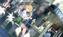 Rule 34 | 5girls, absurdres, alternate costume, antlers, bag, bespectacled, bird, blonde hair, blurry, blurry foreground, bow, bracelet, bubble tea, cafe, city, closed eyes, closed mouth, clothing cutout, commentary request, contemporary, dragon girl, dragon tail, drinking, drinking straw, dutch angle, earrings, unworn eyewear, feet out of frame, fence, flower, food, glasses, green bag, green eyes, green hair, green skirt, grey hair, grin, hair bow, hakurei reimu, high-waist skirt, highres, holding, holding removed eyewear, holding spoon, horns, ice cream, jewelry, kagiyama hina, kicchou yachie, komano aunn, lantern, long hair, looking at viewer, medium hair, miniskirt, multiple girls, no eyes, open clothes, open mouth, open shirt, otter spirit (touhou), outdoors, poster (object), puffy short sleeves, puffy sleeves, red eyes, red ribbon, red shirt, red vest, removing eyewear, ribbon, sandwich, shameimaru aya (crow), sheep girl, sheep horns, shirt, short hair, short sleeves, shoulder bag, shoulder cutout, sitting, skirt, smile, spoon, table, tail, touhou, toutetsu yuuma, vest, wb yimo, white flower, white shirt
