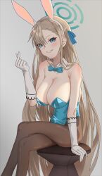 Rule 34 | 1girl, absurdres, animal ears, asuna (blue archive), asuna (bunny) (blue archive), bare shoulders, blonde hair, blue archive, blue bow, blue bowtie, blue eyes, blue leotard, bow, bowtie, breasts, brown pantyhose, commentary request, crossed legs, detached collar, fake animal ears, feet out of frame, gloves, grey background, grin, hair between eyes, highres, large breasts, leotard, long hair, looking at viewer, official alternate costume, pantyhose, playboy bunny, rabbit ears, simple background, sitting, smile, solo, strapless, strapless leotard, tanac mangi, thighs, very long hair, white gloves