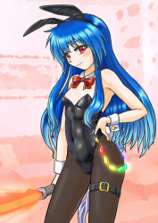 Rule 34 | 1girl, animal ears, black leotard, black pantyhose, blue hair, bow, bowtie, breasts, chain, contrapposto, covered navel, cowboy shot, detached collar, hand on own hip, hinanawi tenshi, holding, holding weapon, leg belt, leotard, long hair, looking at viewer, mail (mail gell), pantyhose, playboy bunny, rabbit ears, rabbit tail, red bow, red bowtie, red eyes, small breasts, solo, standing, sword, sword of hisou, tail, touhou, weapon, wrist cuffs